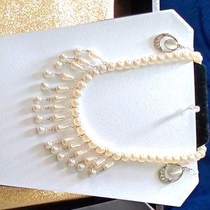 cream white exquisite pearl set necklace earrings match silver
